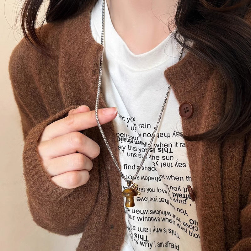 Wholesale  Titanium Steel Cartoon Mushroom Necklace Natural Stone Tiger Eye Pendant