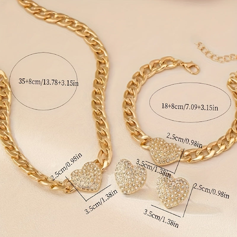 Wholesale Trendy Gold Heart Cuban Chain Jewelry Set Fashion Earrings Necklace Bracelet Set For Women Everyday Jewelry Accessory Gift