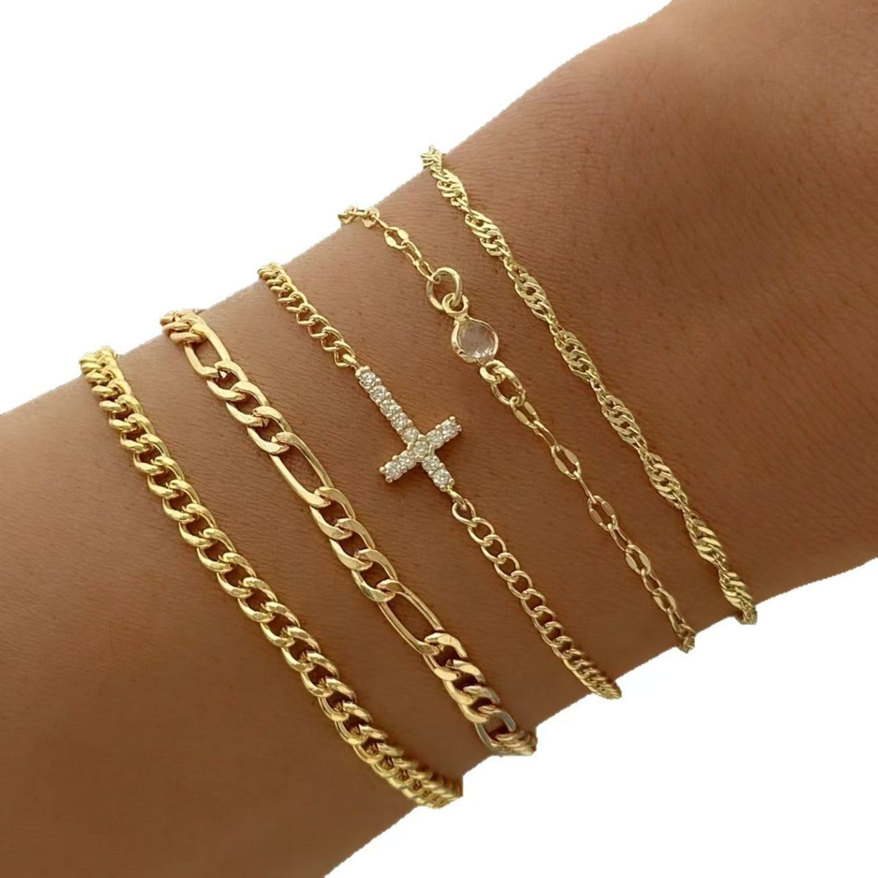 Wholesale Iron Electroplated Chain Bracelet Set Retro Simple Cross Design Everyday Wear Jewelry Accessory