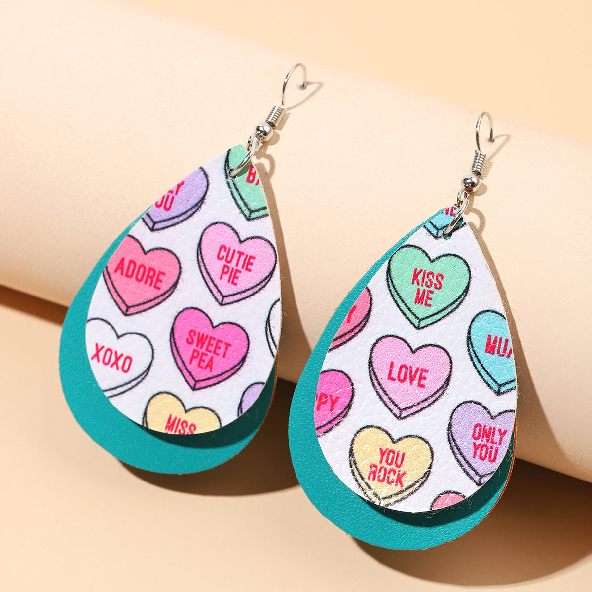 Wholesale Valentine's Day Colorful Love Letters Leather Double Layer Drop Shape Earrings
