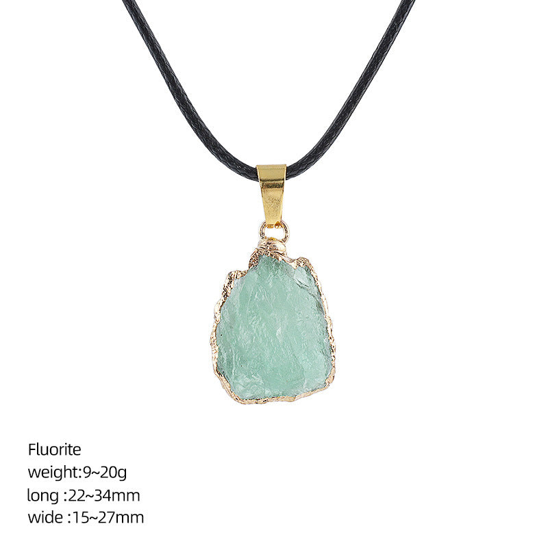 Wholesale Natural Crystal Raw Stone Pendant Necklace with Leather Rope Chain Irregular Hand-Hammered Electroplated Fashion Jewelry