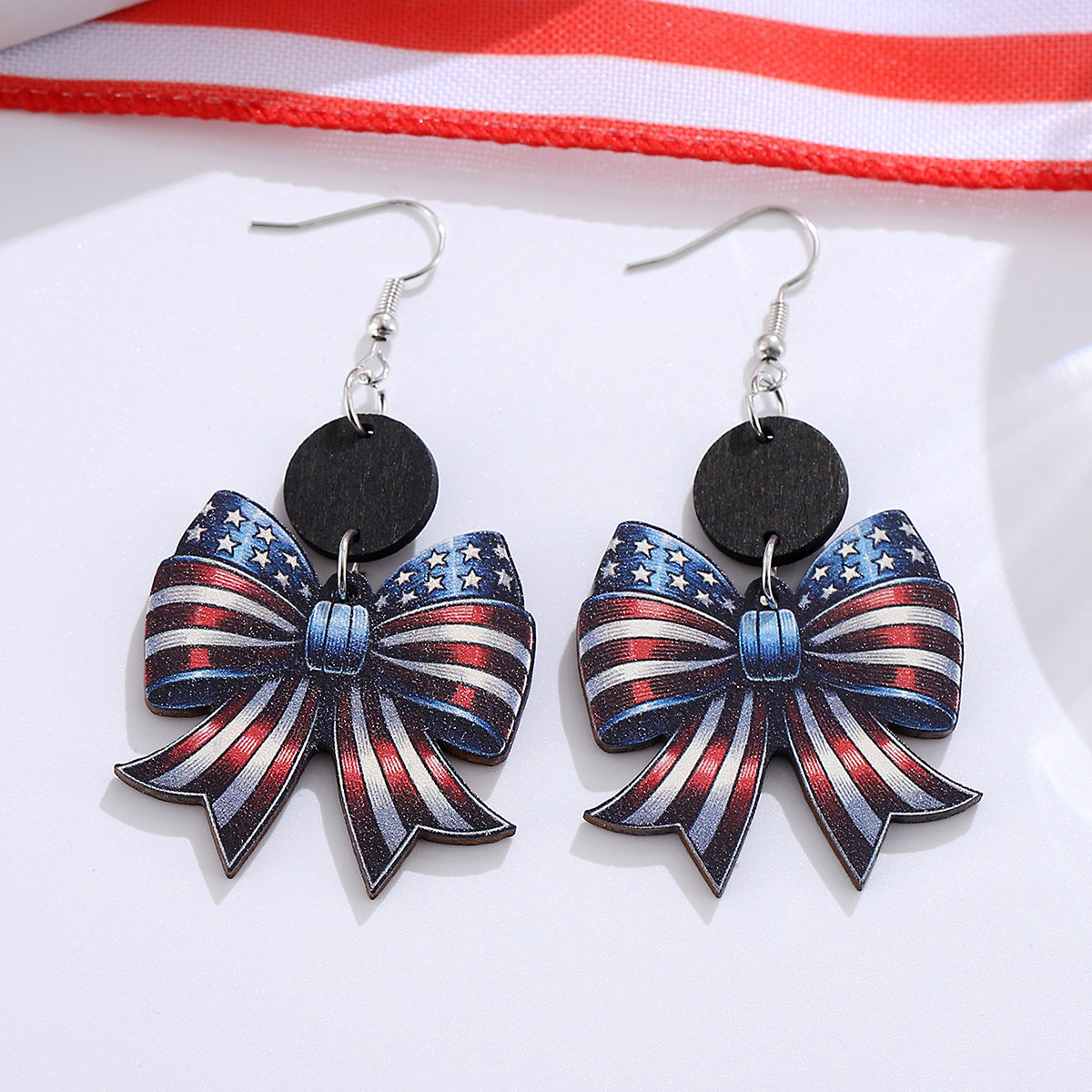 Wholesale Independence Day red, white and blue stars and stripes American flag bow wood splicing pendant earrings