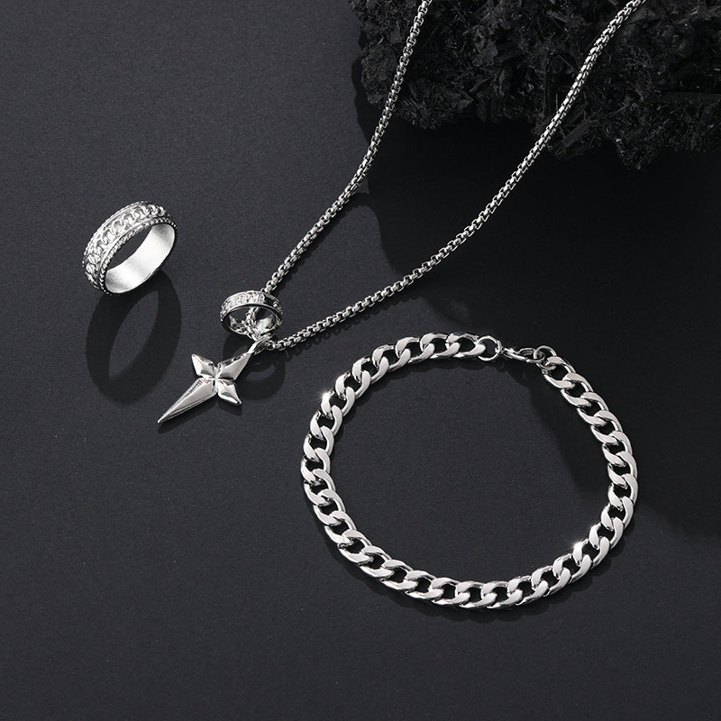 Wholesale Stylish Black Cross Crown Roman Numeral 3 Piece Jewelry Set Necklace Bracelet Ring Fashion Accessory Gift
