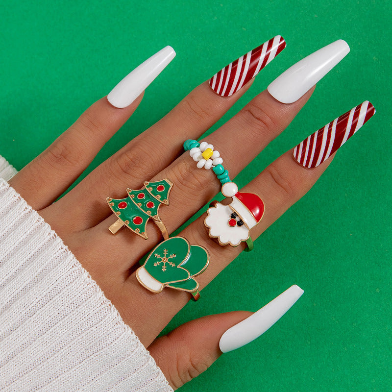 Wholesale Christmas oil drop ring four-piece set
