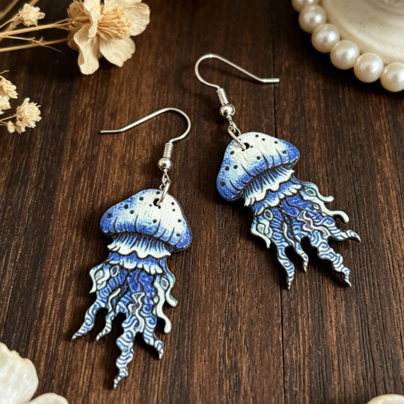 Wholesale Vintage Wooden Earrings Blue White Jellyfish Ocean Gradient Boutique Resale
