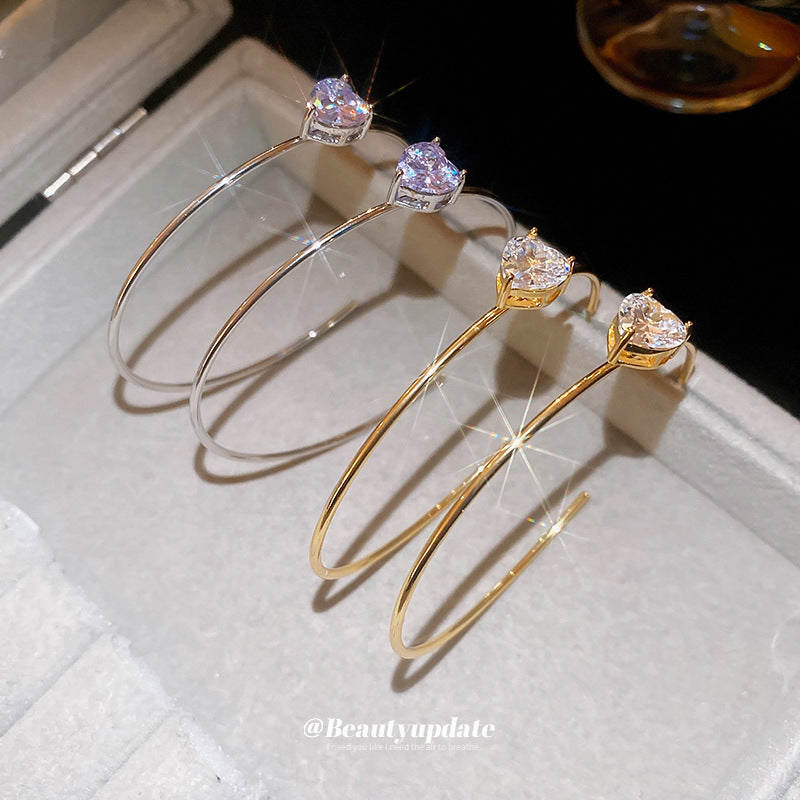 Wholesale Real Gold Silver Needle Zircon Love C- shaped Earrings