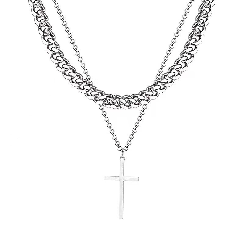 Wholesale Cross Cuban Titanium Steel Double Layer Overlap Men's Necklace