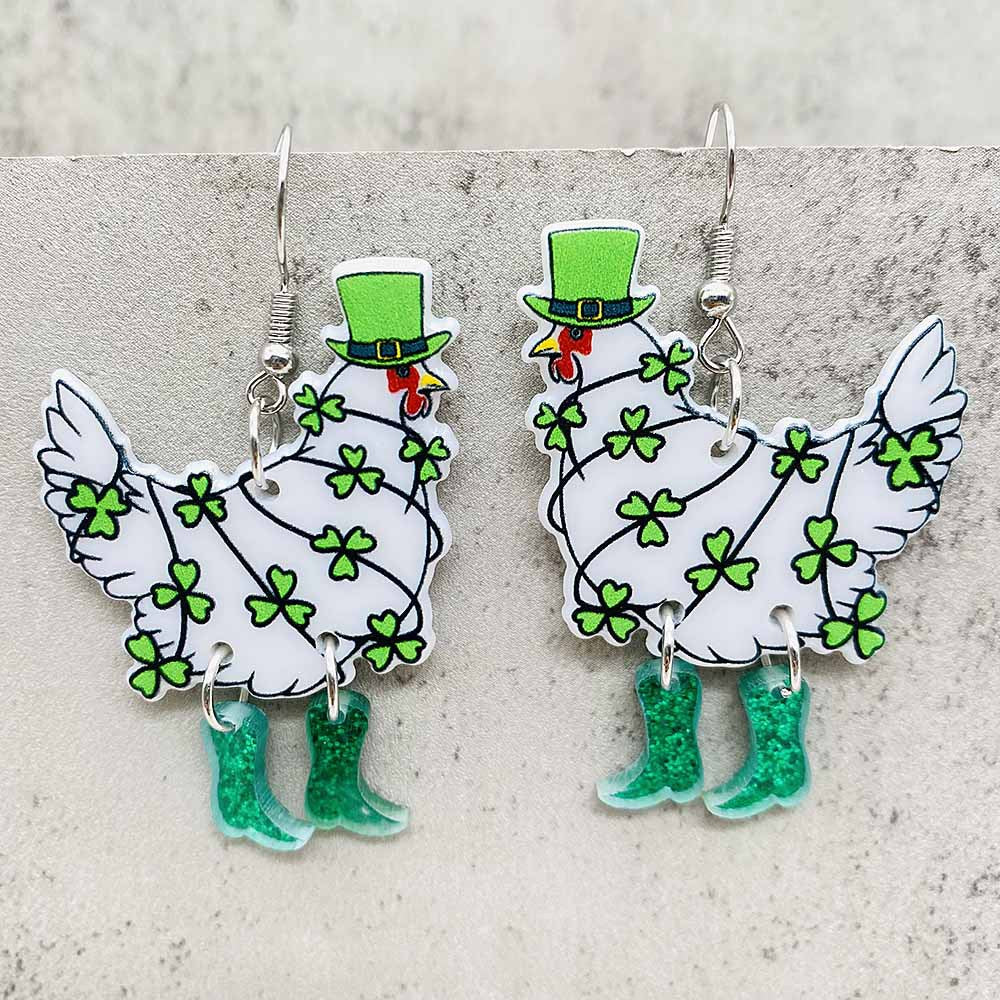 Wholesale Patrick Irish four-leaf clover rainbow hat rooster bull head acrylic earrings