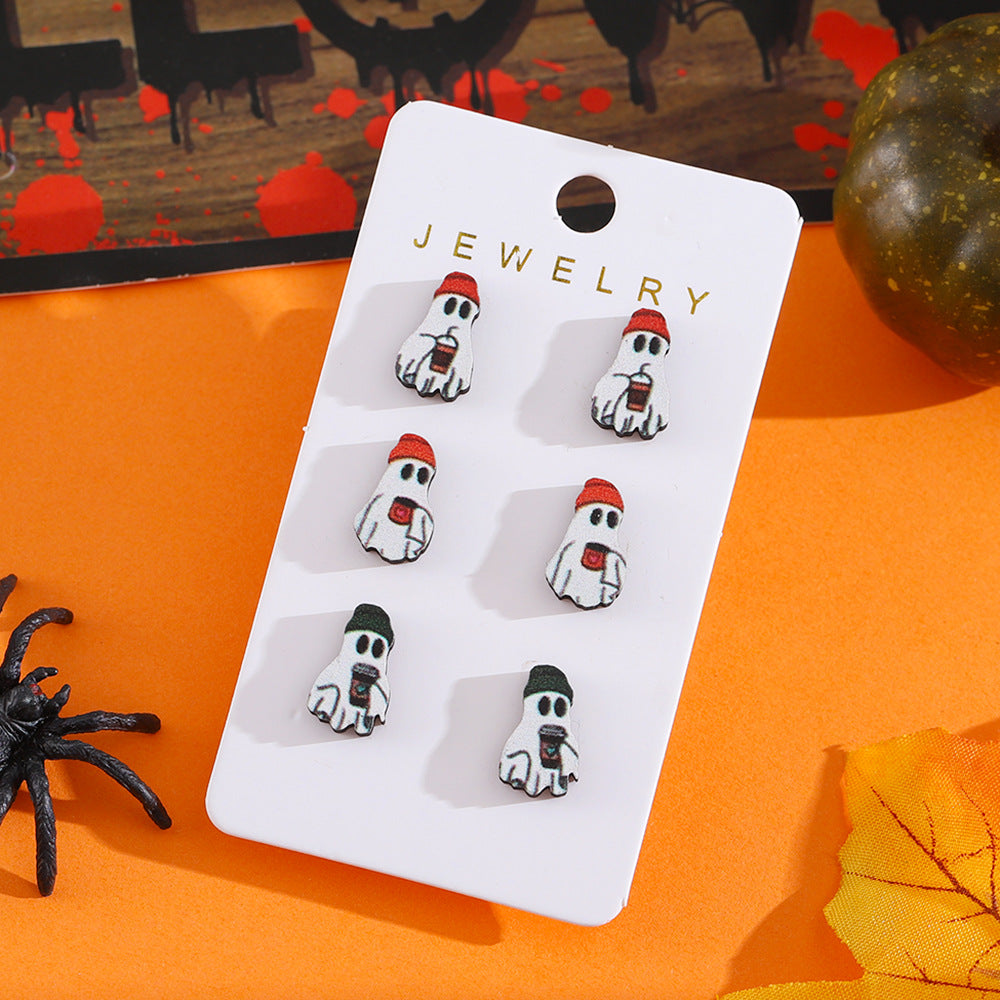 Wholesale Halloween Wood Coffee Ghost Earrings Set