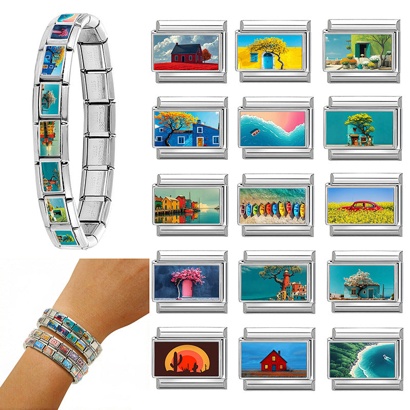 Wholesale Italian Style Landscape DIY Bracelet Charms Stainless Steel Jewelry Making Accessory
