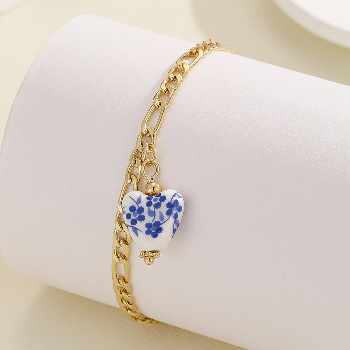 Wholesale Vintage love blue and white porcelain pendant stainless steel single-layer anklet