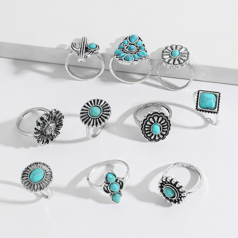 Wholesale Turquoise Vintage Flower Ring Set 10-Piece Women' s Jewelry Accessory