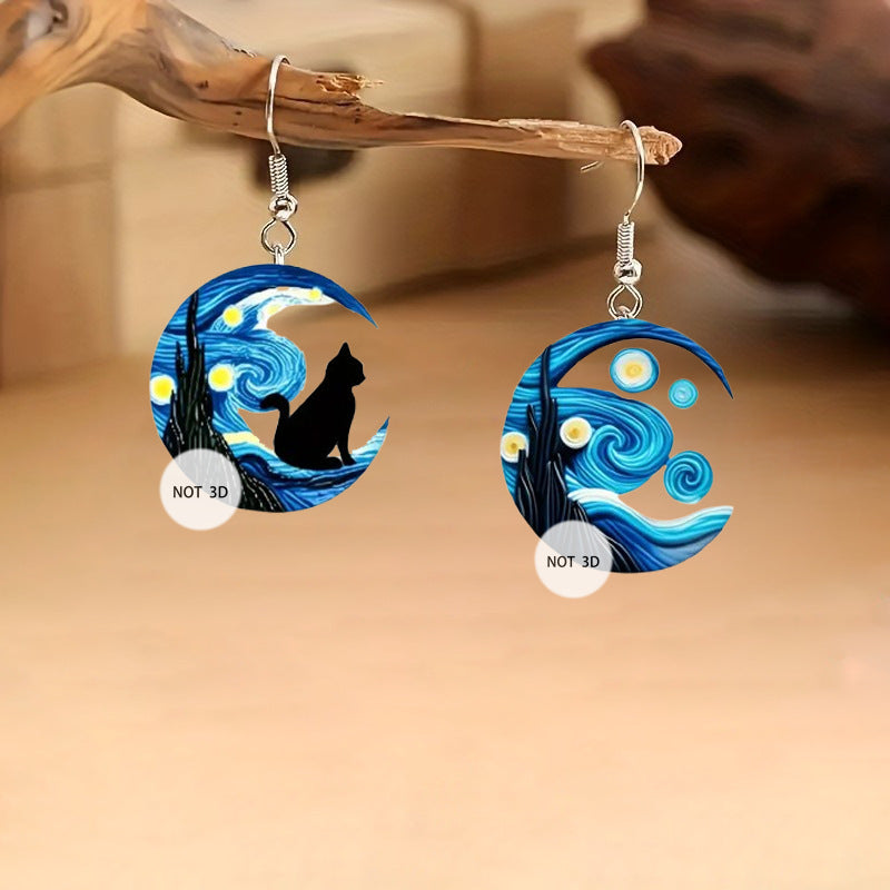 Wholesale Van Gogh Starry Night Pattern 2D Acrylic Asymmetrical Earrings
