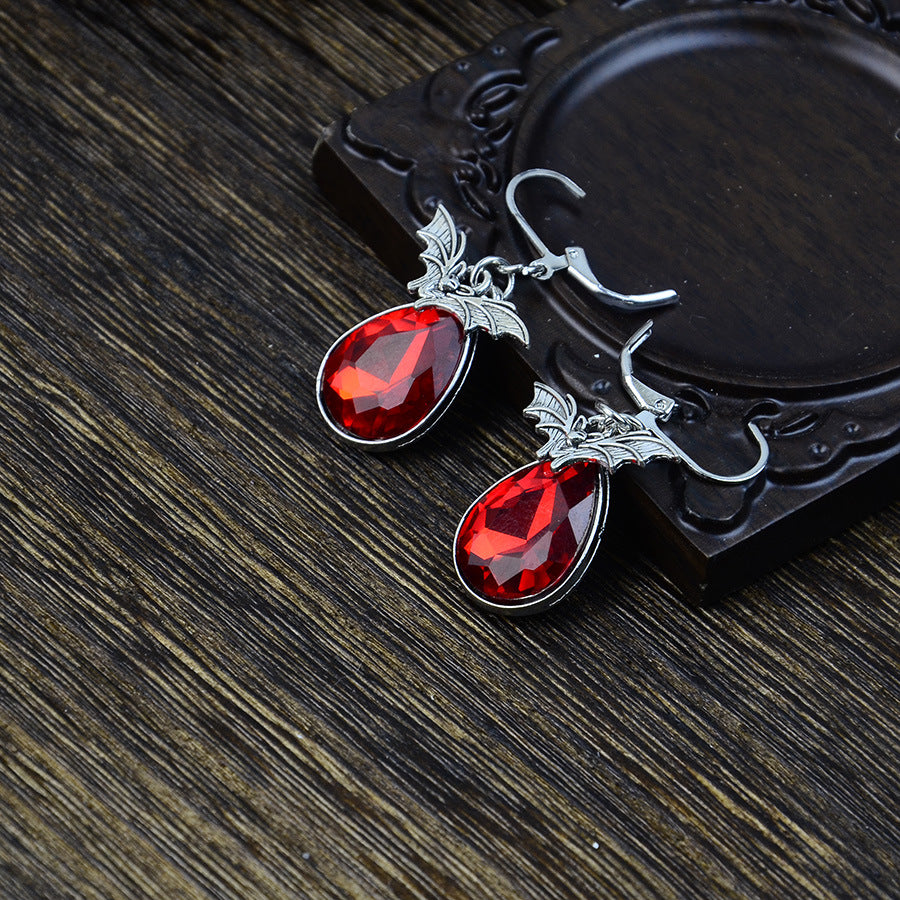 Wholesale Gothic Bat Earrings Red Black Gemstone Drop Pendant  Party Jewelry Accessory Gift