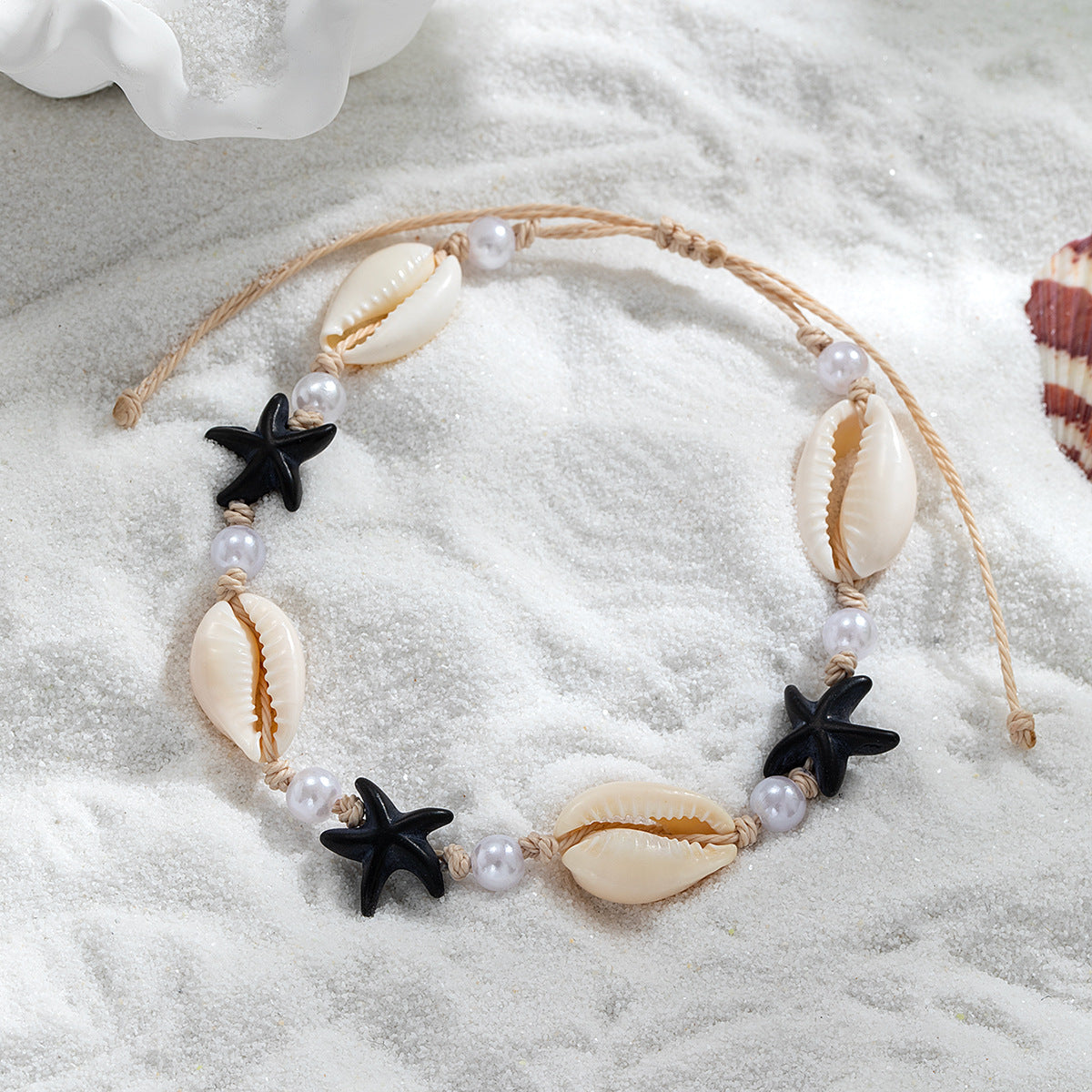 Wholesale Vintage style turquoise starfish shell pearl waterproof wax line adjustable anklet