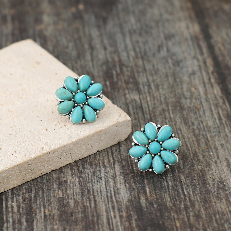 Wholesale Retro Bohemian Flower Silver Inlaid Turquoise Earrings for Everyday Wear Fashion Accessory