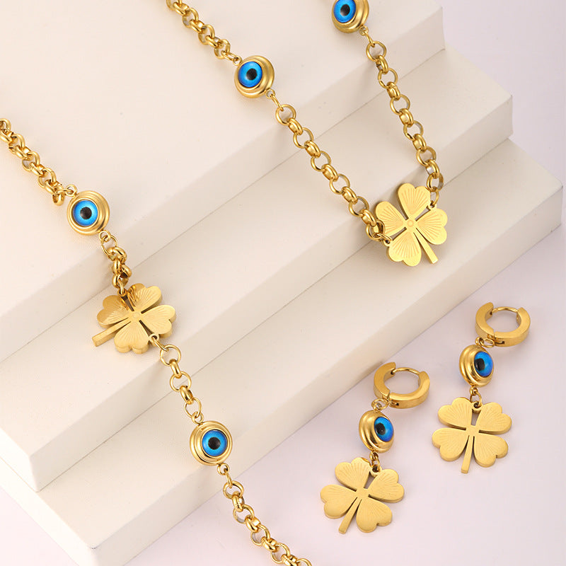 Wholesale Stainless Steel Jewelry Set Evil Eye Four Leaf Clover Necklace Earrings Bracelet ACC-NE-YunHe002