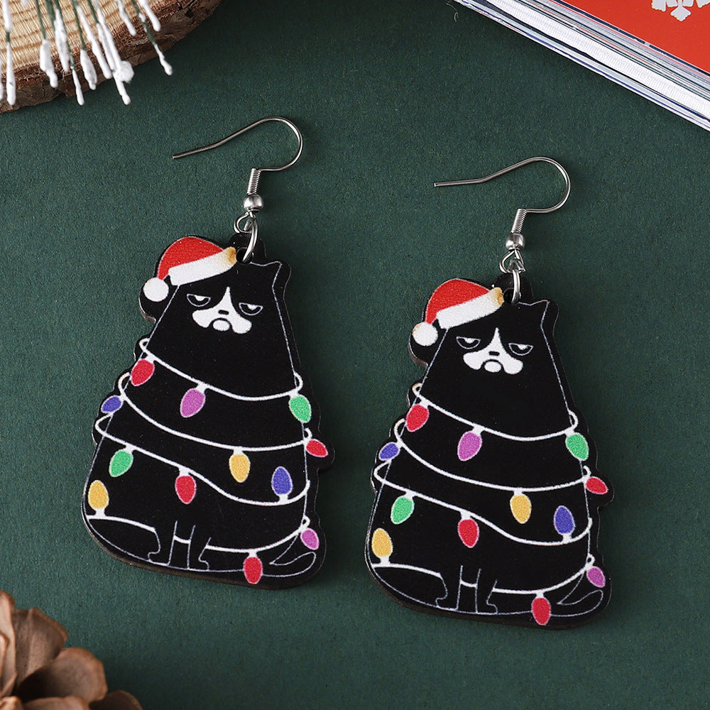 Wholesale Christmas Lantern Black Cat Christmas Tree Pendant Earrings Wooden