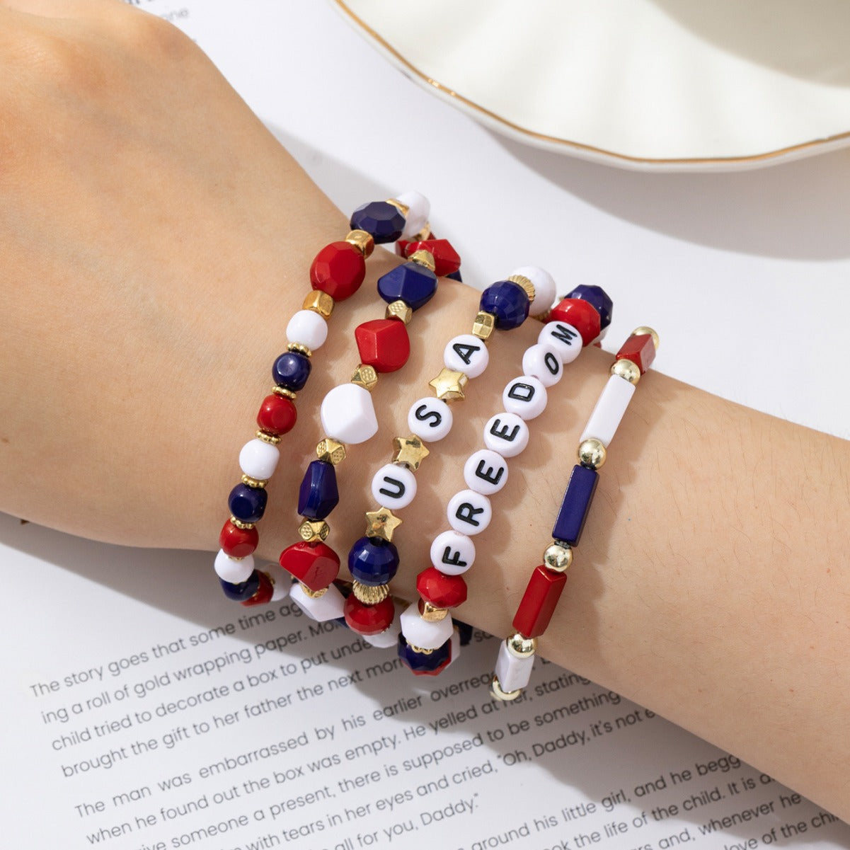 Wholesale American Flag Independence Day Multi-layer Elastic Letter Beaded Bracelet ACC-BT-Xunru002