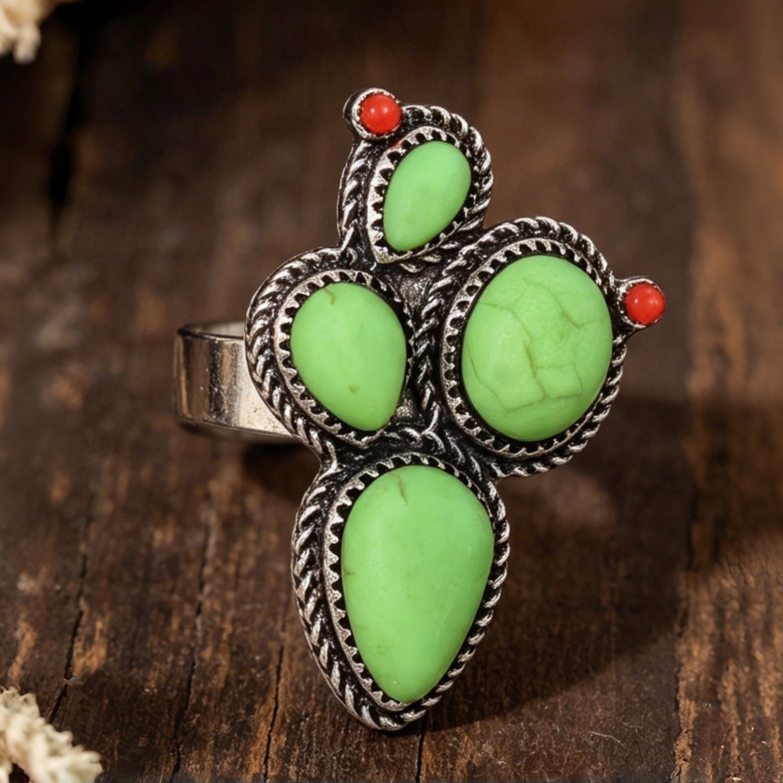 Wholesale Vintage Cactus Turquoise Bohemian Ring Silver Tone Alloy Open Band Women S Fashion Jewelry Accessory Gift
