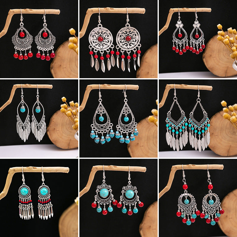 Wholesale Retro Bohemian Blue Turquoise Ethnic Style Alloy Earrings ACC-ES-MDD022