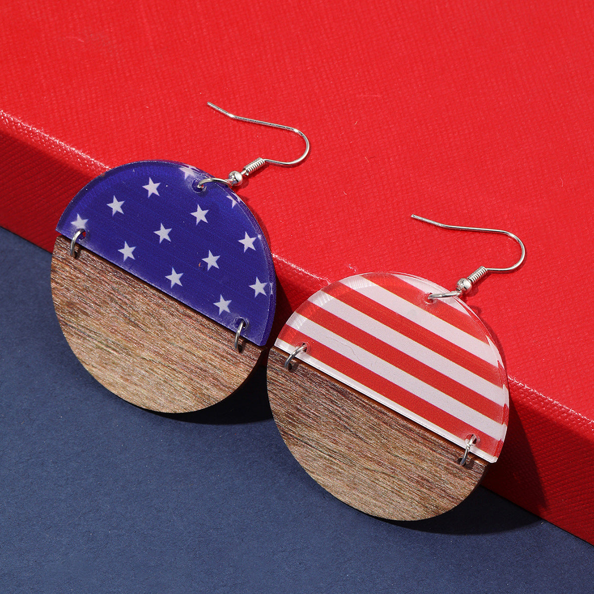 Wholesale Semi-circular wooden acrylic splicing American Independence Day National Day female earrings