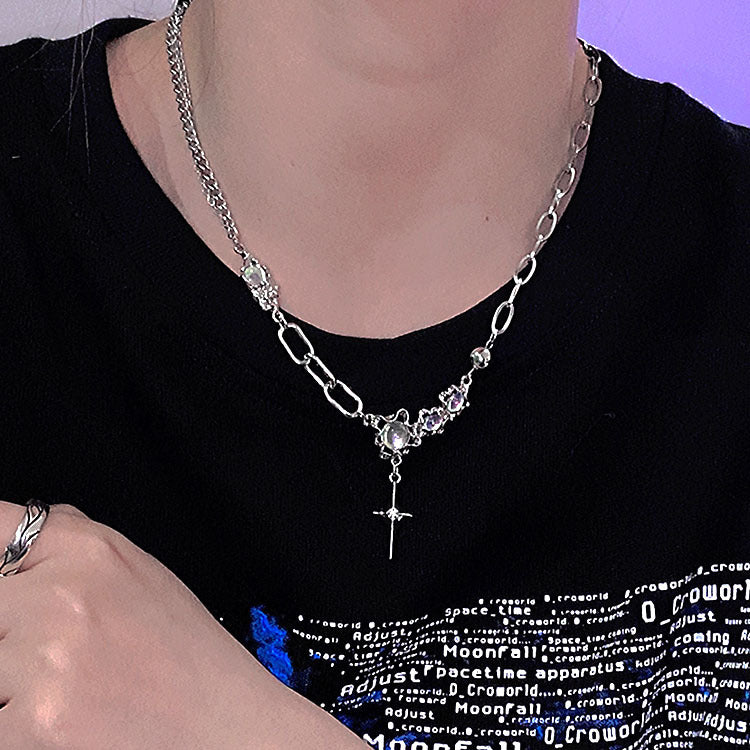 Wholesale Titanium Steel Star Moon Stone stitching necklace  light luxury cross clavicle chain