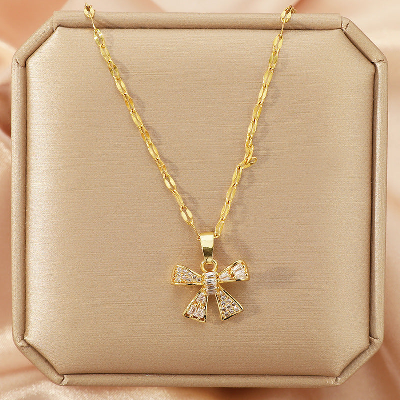 Wholesale Bow Diamond Titanium Steel Necklace Bow Necklaces ACC-NE-PanShi002