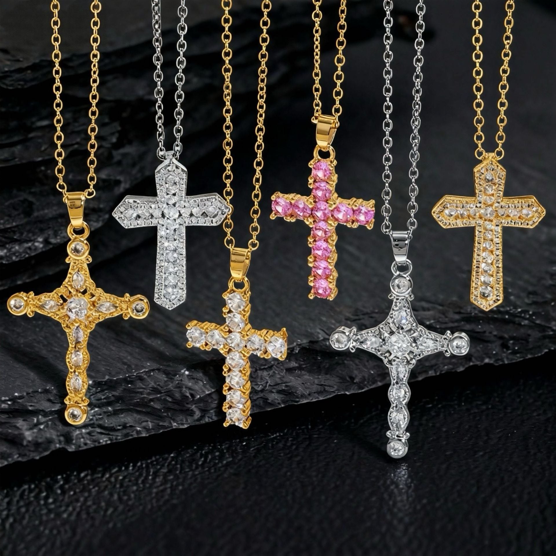 Wholesale Gold Plated Copper Cross Zircon Pendant Necklace Trendy Chic Collarbone Chain For Women