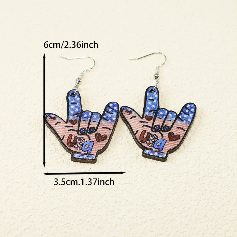 Wholesale Independence Day LOVE fireworks gesture blue, white and red wooden earrings