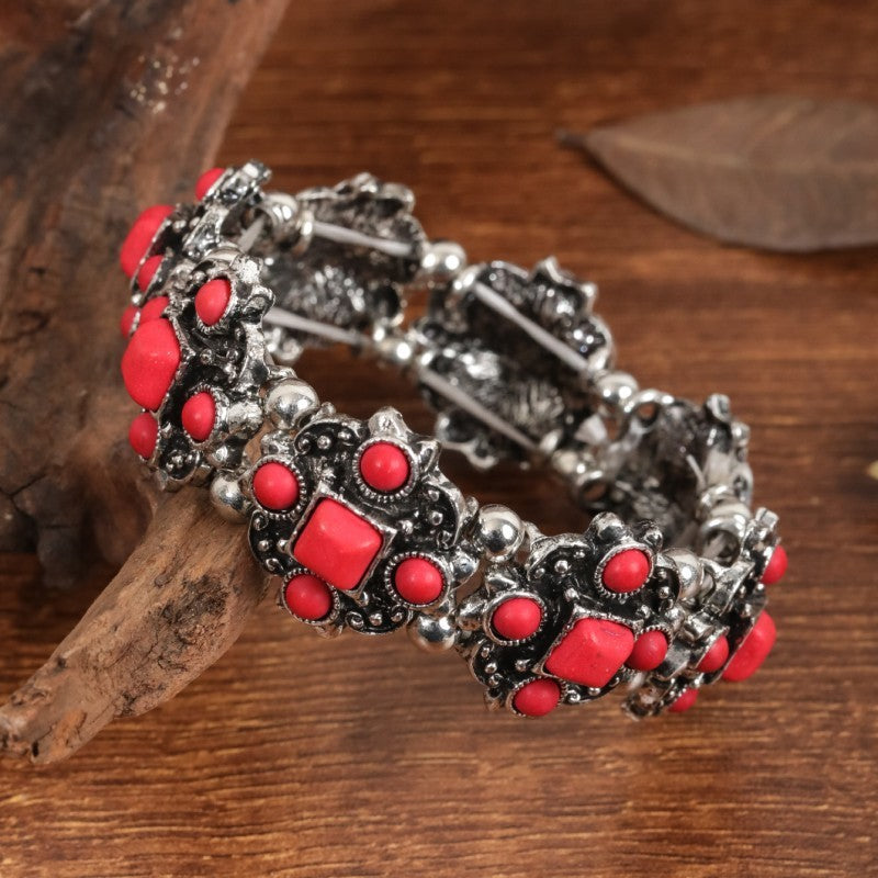 Wholesale Ethnic Style Retro Alloy Turquoise Elastic Bracelet Bohemian Bracelet ACC-BT-JunJie004