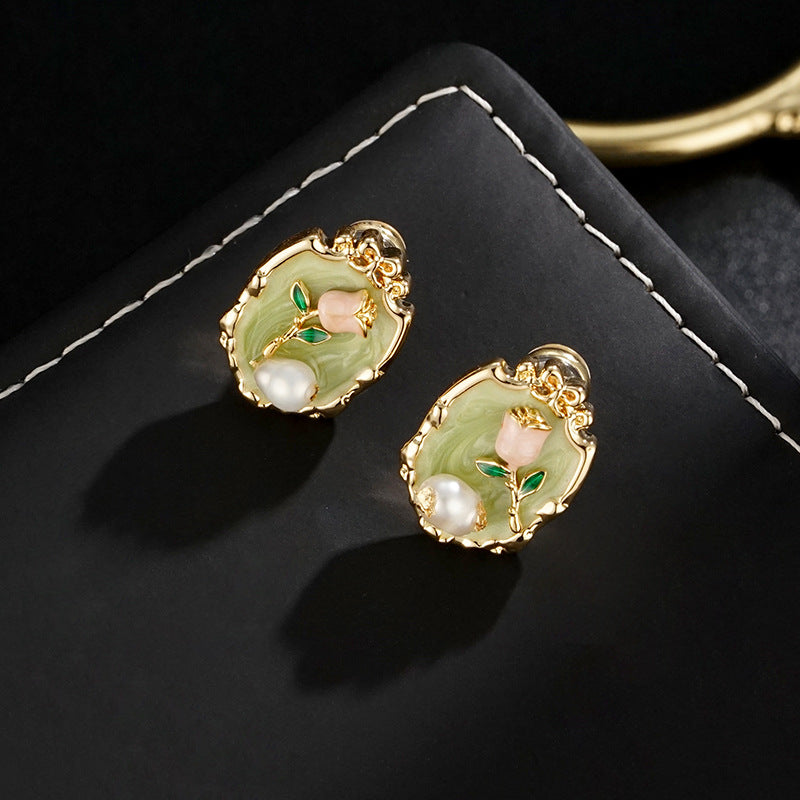 Wholesale Green Oil Painting Pearl Flower Glaze Earrings