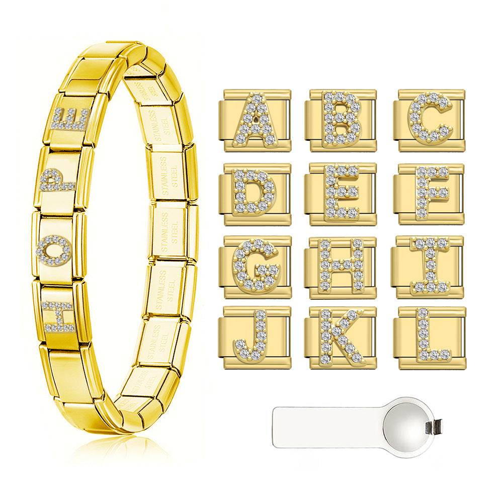 Wholesale Stainless Steel Modular Bracelet with Rhinestones and Gold Letters for Everyday Wear Jewelry Accessory