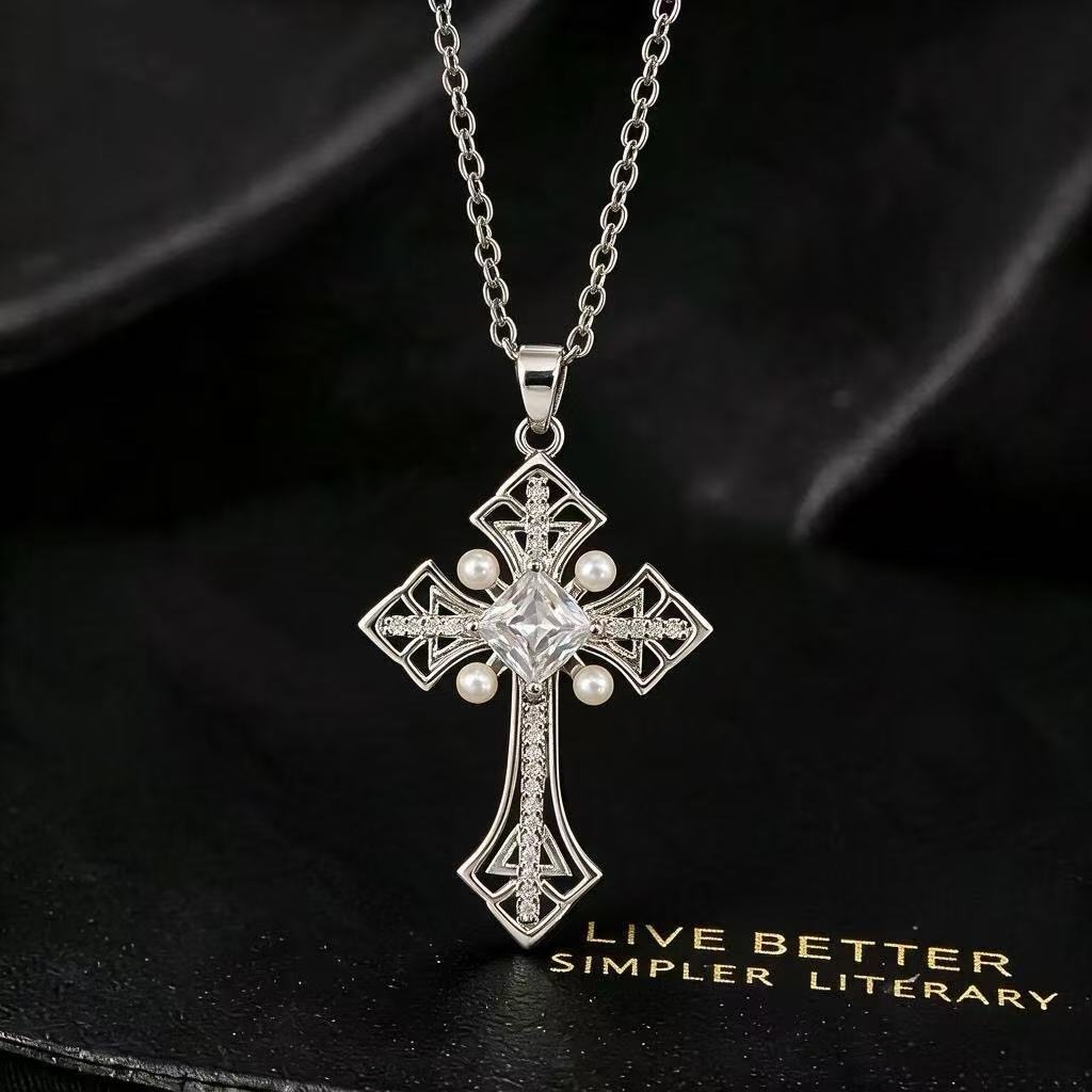 Wholesale Fashion Faux Pearl Cross Pendant Necklace Gold Tone Zircon Crystal Collar Chain Stylish Jewelry Accessory