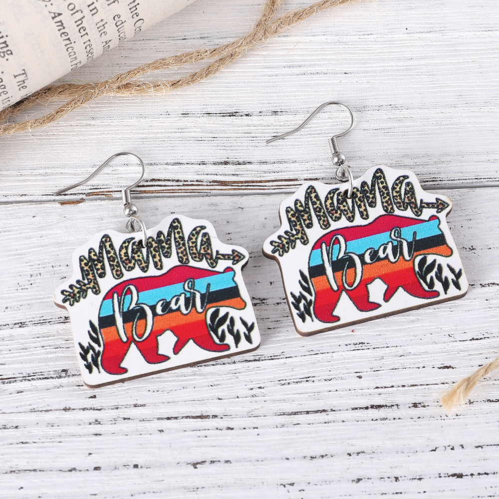 Wholesale Mother's Day MAMA MOM Leopard Sunflower Rainbow Hollow Pendant Wood Earrings ACC-ES-ChuLian094