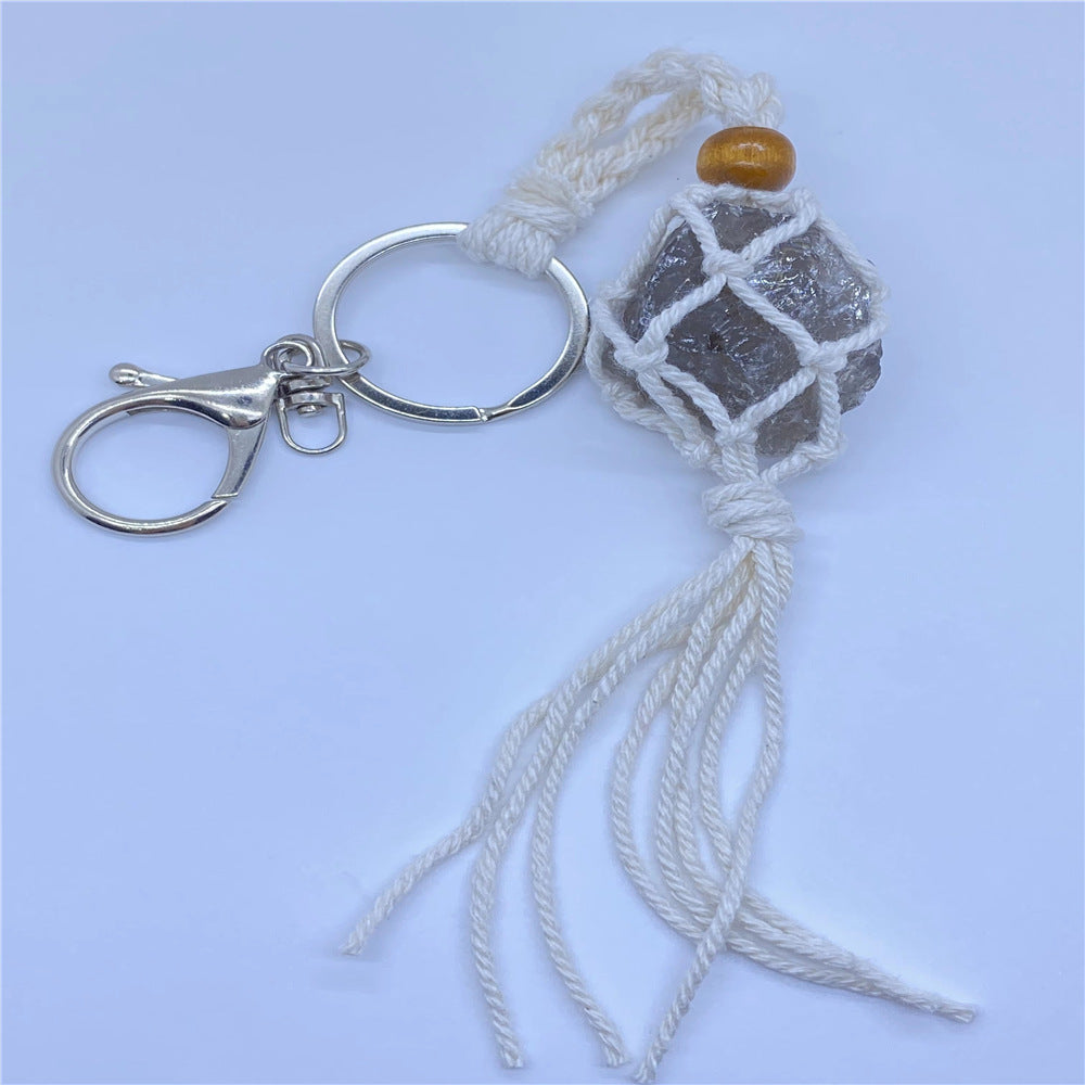 Wholesale Crystal Raw Stone Woven Mesh Pocket Keychain Natural Stone ACC-KC-Nius001