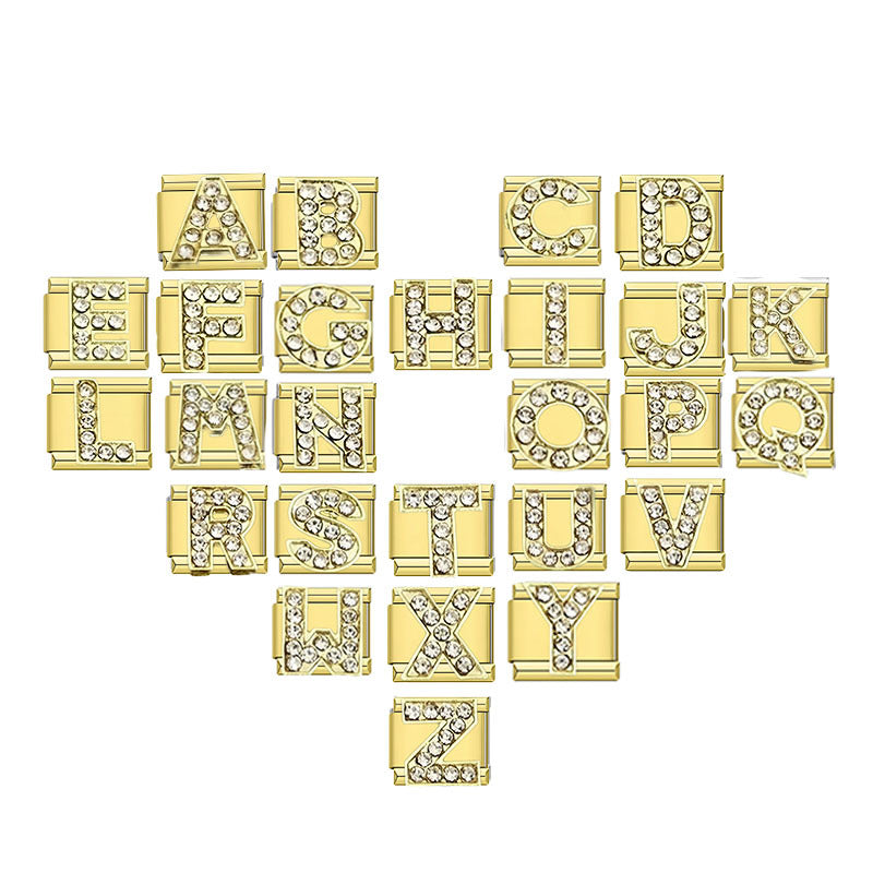 Wholesale Cross-Border Popular Fashion Rhinestone 26-Letter English Alphabet Series Italian Modular DIY Stainless Steel Bracelet Accessories