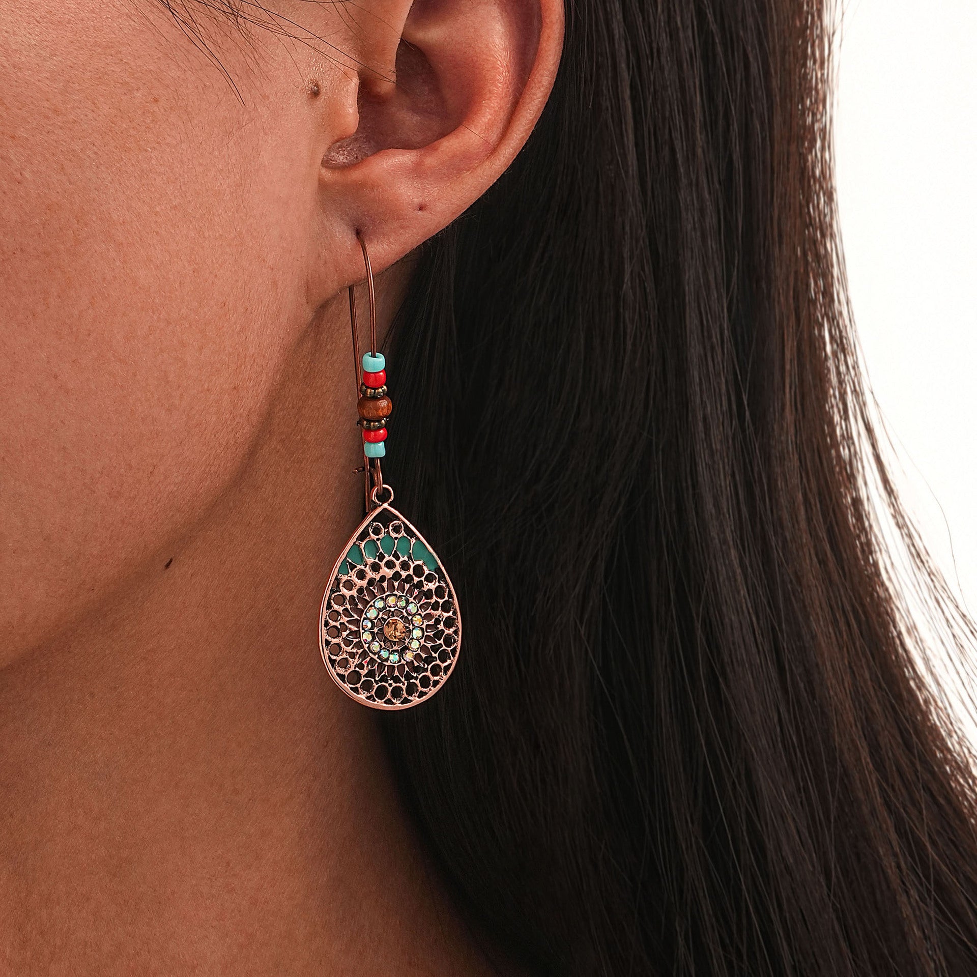 Wholesale national style earrings retro Bohemian style drill drop-shaped hollow earrings