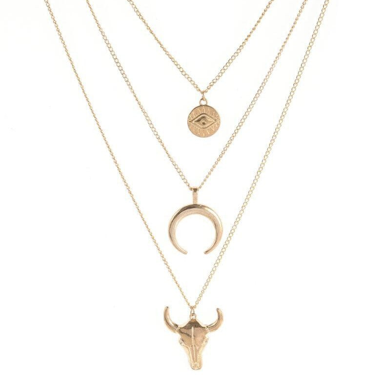 Wholesale fashion simple alloy cow head geometric disc eyes horn multilayer necklace