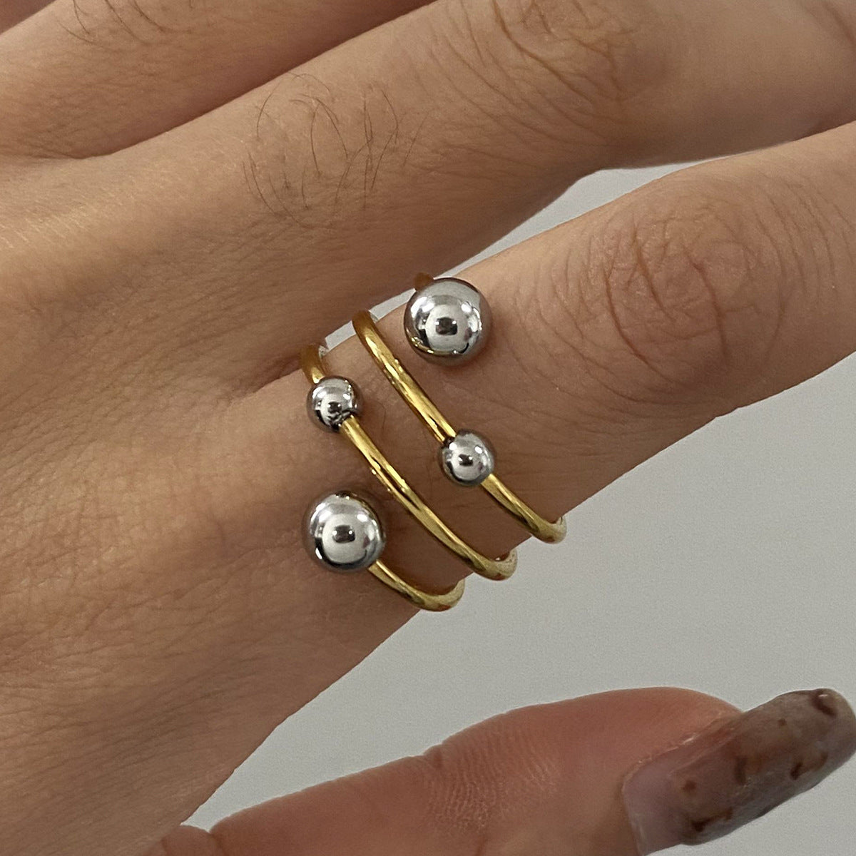 Wholesale 18k gold stainless steel gold and silver color ball three-layer opening adjustable ring