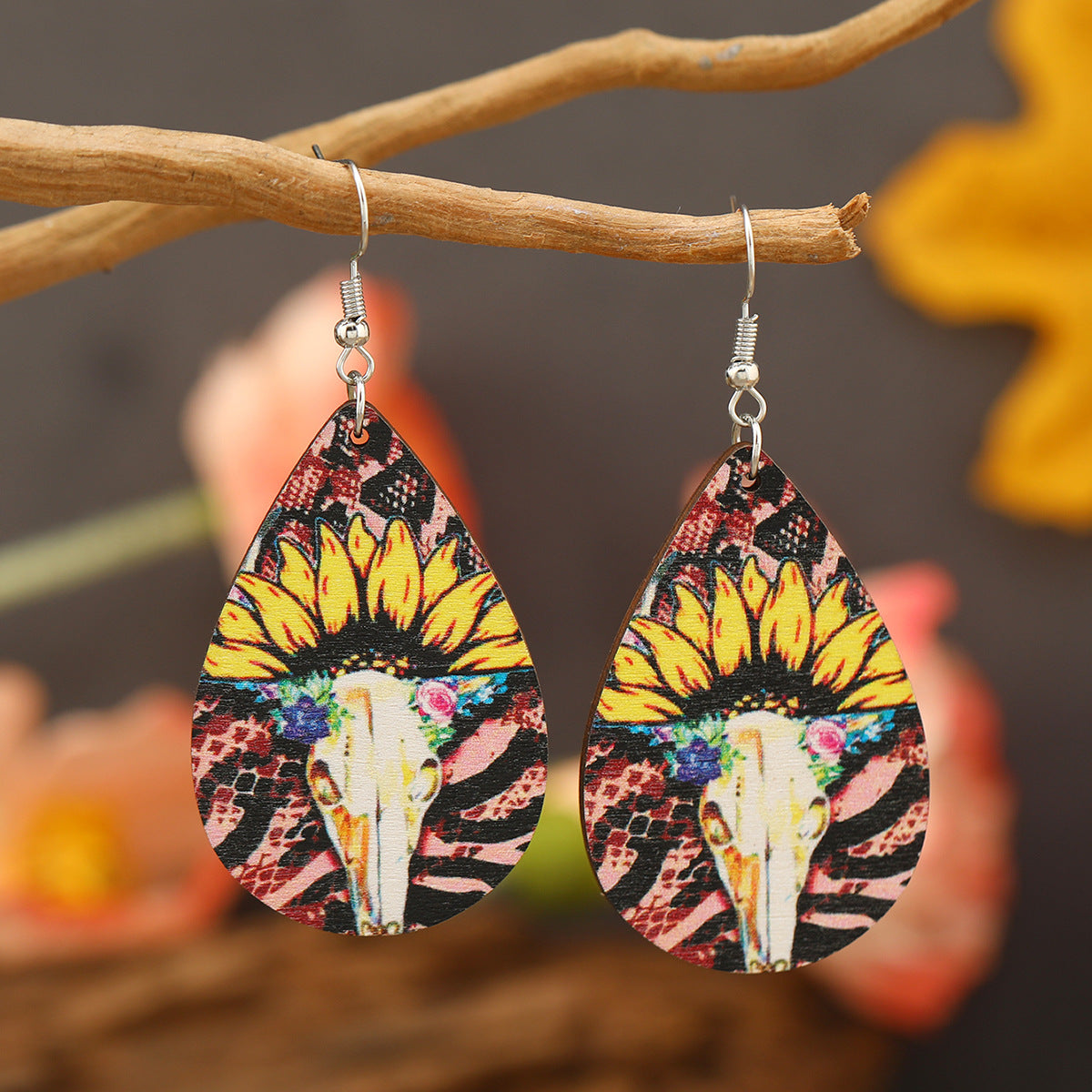 Wholesale Western style cow head sunflower water drop Earrings