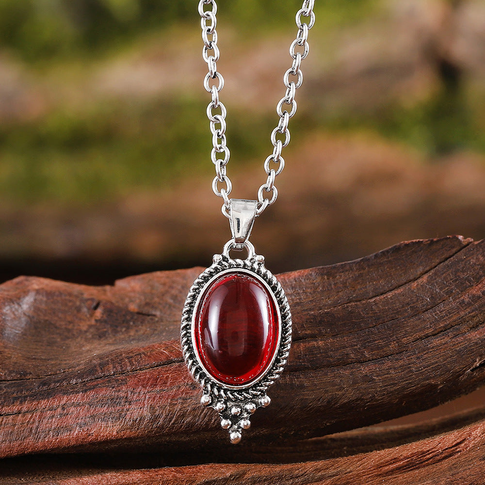 Wholesale Vintage Exquisite Embossed Ruby Oval Glass Pendant Earrings Necklace suit