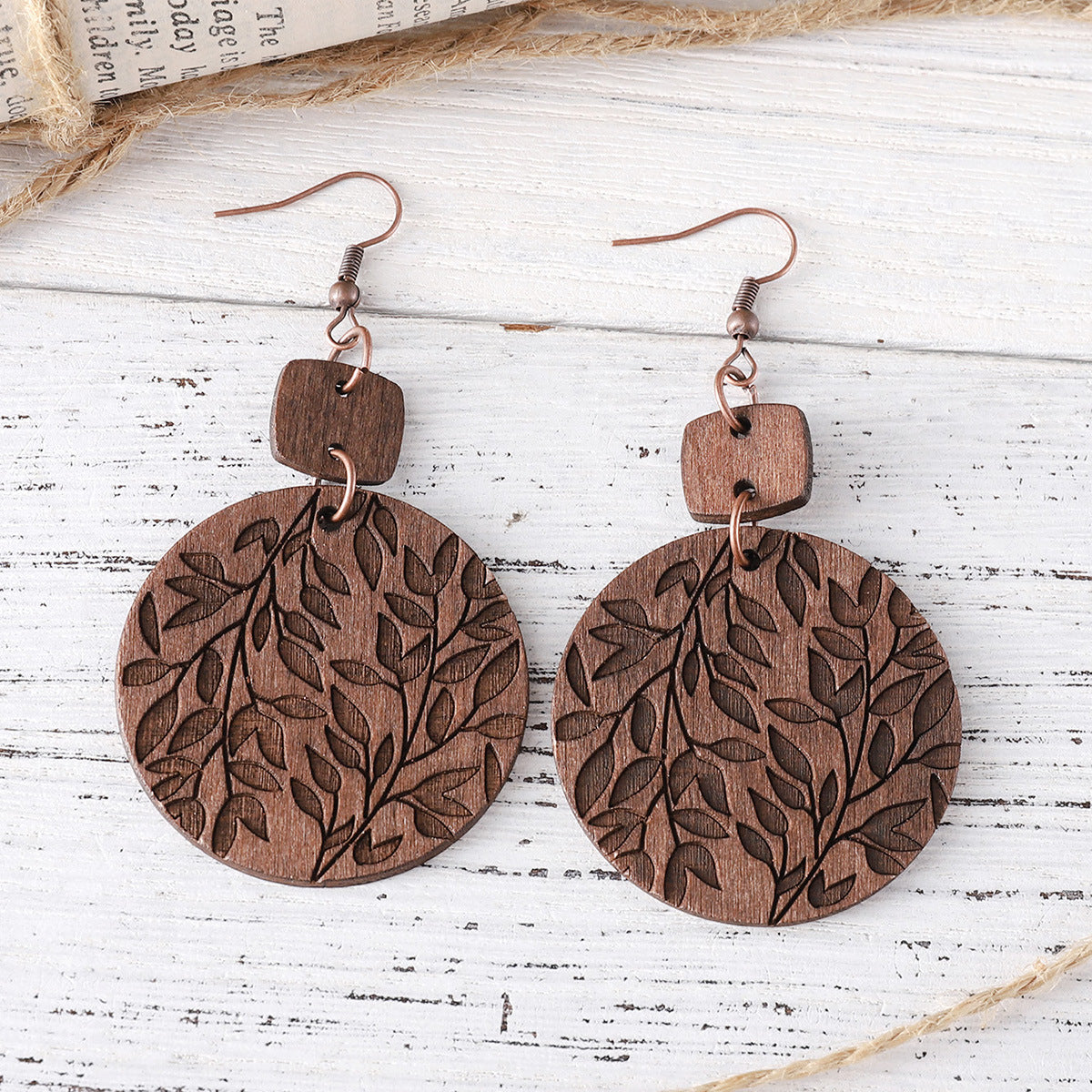 Wholesale Leaf Round ing Pendant Earrings Bohemian Wooden Double-sided  Earrings