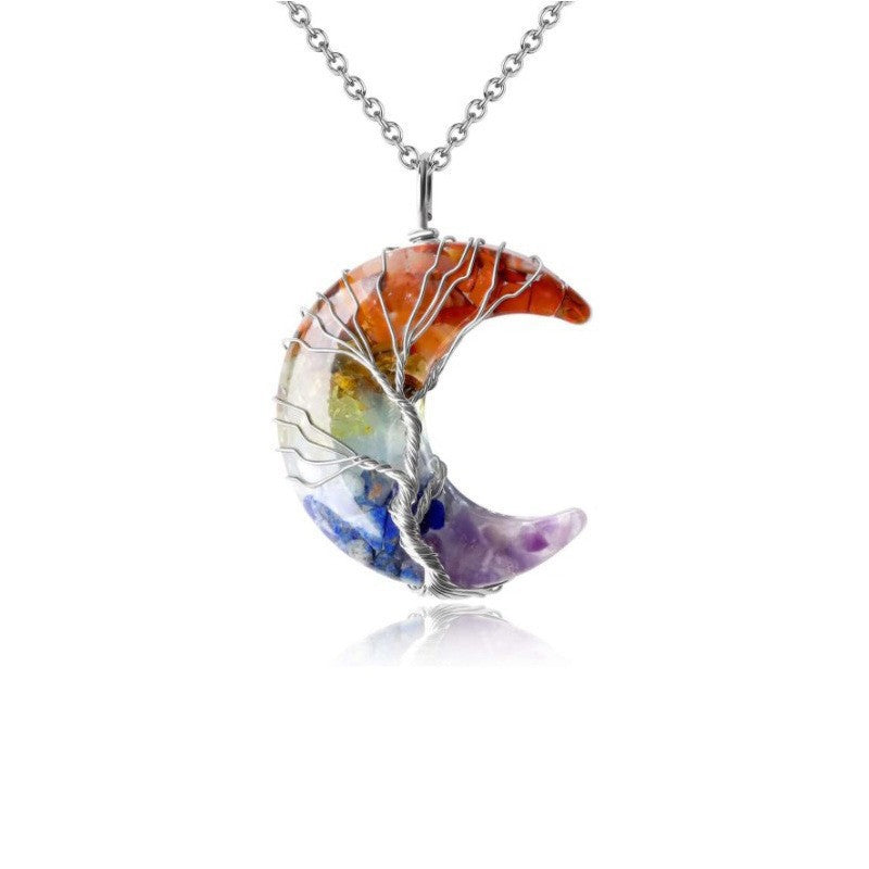 Wholesale Boutique Wire Wrapped Crescent Moon Tree Of Life Amethyst Crystal Necklace Jewelry Accessory