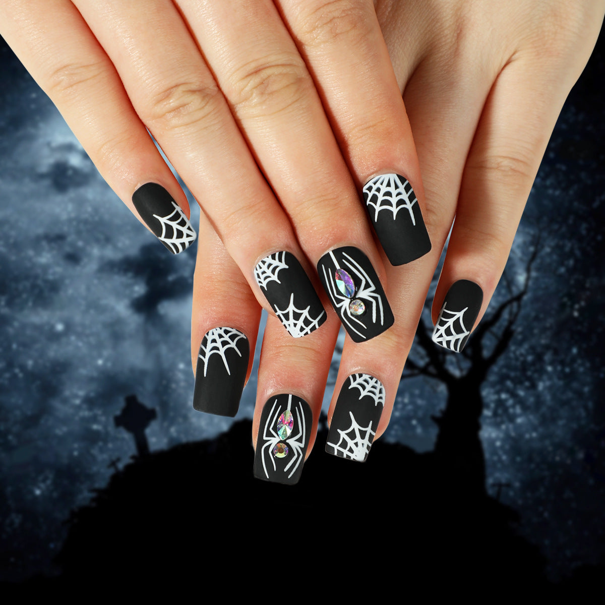 Wholesale 24 Pieces/box Halloween Spider Web Press-on Nails Kits Nail Stickers ACC-NS-LeFan084