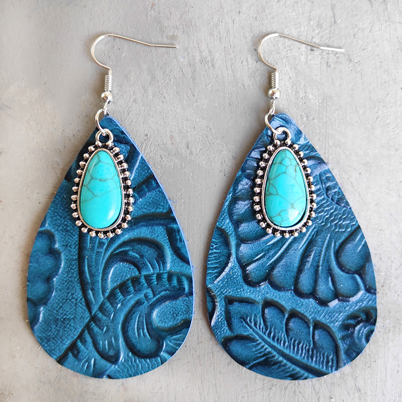 Wholesale 2PCS of leather Western-style vintage embossed turquoise earrings