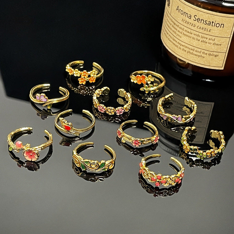 Wholesale Retro  Flower Leaf Dropping Glaze Fashion Opening Ring