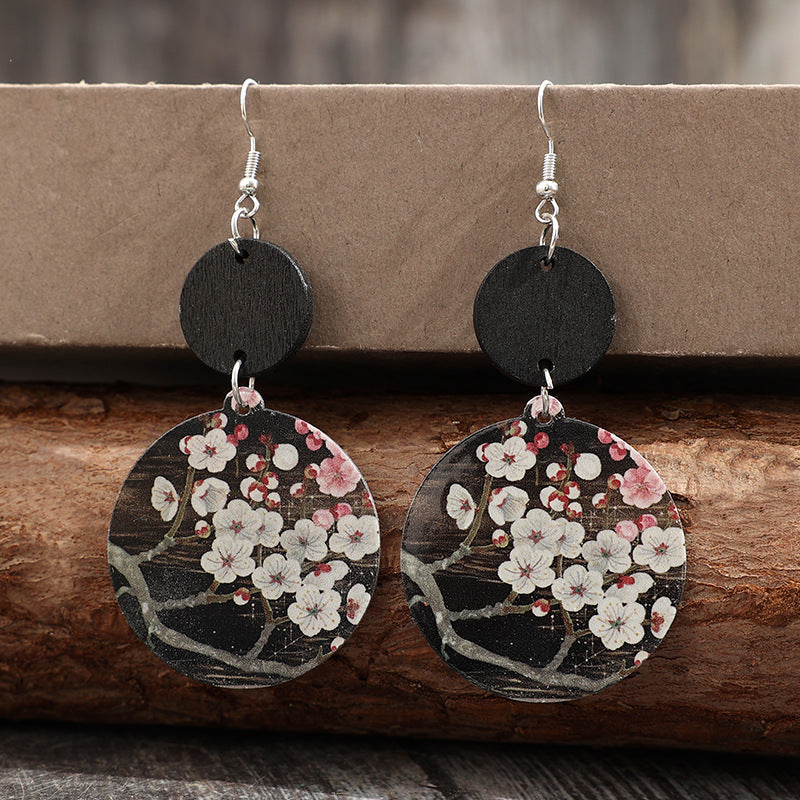 Wholesale Round printed plum blossom patchwork small disc acrylic earrings