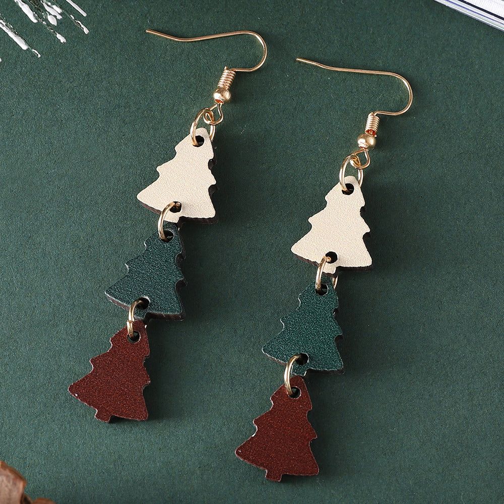 Wholesale Christmas Colorful Christmas Tree Triple Stitching Wood Double-sided Earrings ACC-ES-ChuLian072