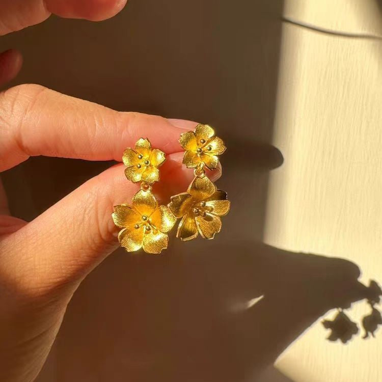Wholesale Twin Flower Earrings Gold Plated Brass Fashion Accessory for Party or Everyday Wear